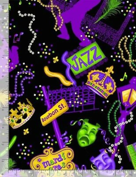 Mardi Gras Fun Bourbon Street Jazz Motifs Black Cotton Fabric