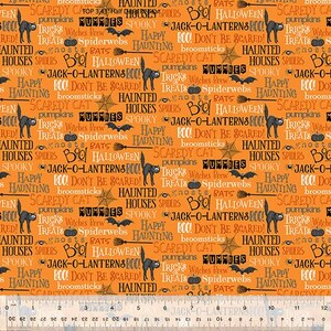 Halloween Fabric | Scaredy Cats Purr-Fect Word Collage Orange | Windham YARD