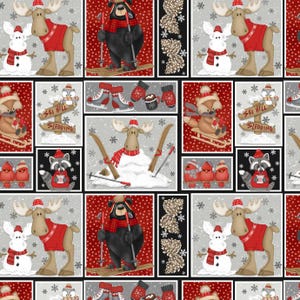May include: A repeating pattern featuring winter-themed illustrations. The design includes a moose in a red sweater, a snowman, a bear on skis, and a fox on a sled. Other elements include snowflakes, pinecones, and the text "SKI HILL SLEDDING".