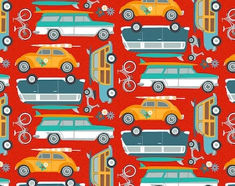 Nautical Fabric | Surf's Up Car Van Bicycle Allover Red | Henry Glass YARD