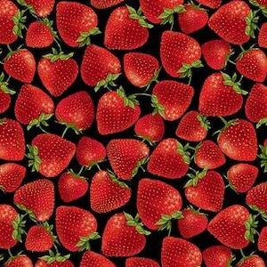 Food Fabric - Strawberry Toss on Black C7347 - Timeless Treasures YARD