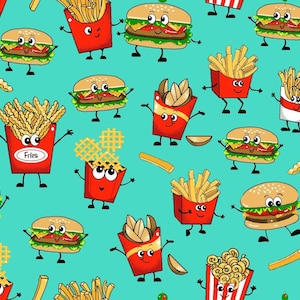 Food Fabric | Drive Through Snack Hamburger Fries Blue | Freckle + Lollie YARD