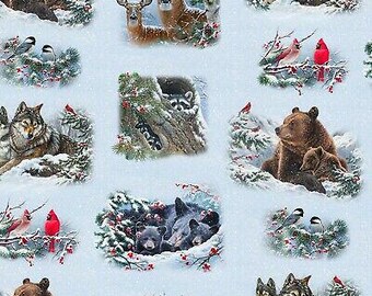 Animal Fabric - Winter Companions Forest Scene Snow - Elizabeth's Studio YARD