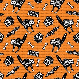Halloween Fabric | Glow in Dark Ghost Cat Owl Bat Orange | Henry Glass YARD