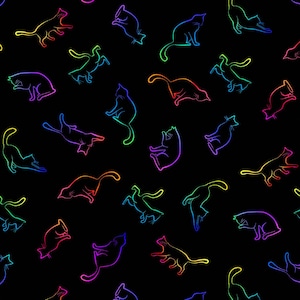 Animal Fabric | Wildcat Rainbow Cat Outline Toss Black | Timeless Treasures YARD