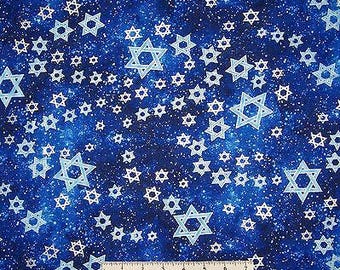 Hanukkah Fabric - Metallic Star of David on Dark Blue - Benartex Kanvas YARD