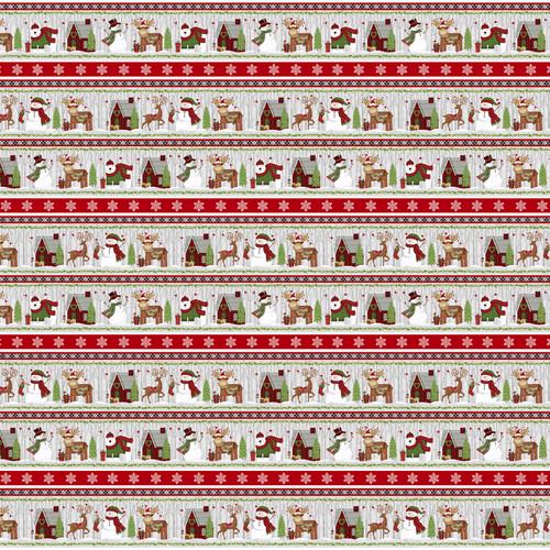 Christmas Fabric | Snow Merry Animal Snowman Stripe Red Gray | Studio E YARD
