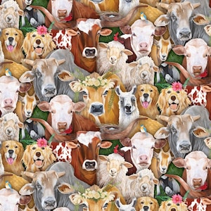 Animal Fabric | Happy Farm Cow Sheep Dog Goat | Elizabeth&#39;s Studio YARD