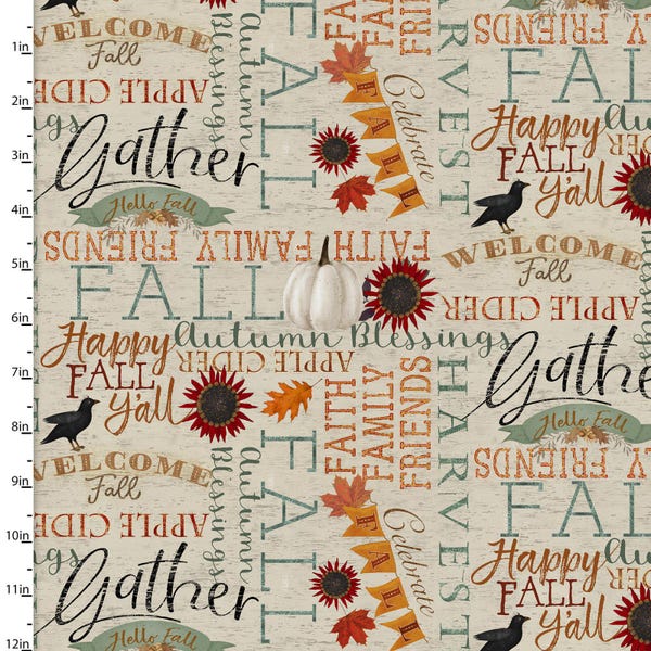 Autumn Fabric | 3 Wishes Happy Fall Word Patch on Beige YARD