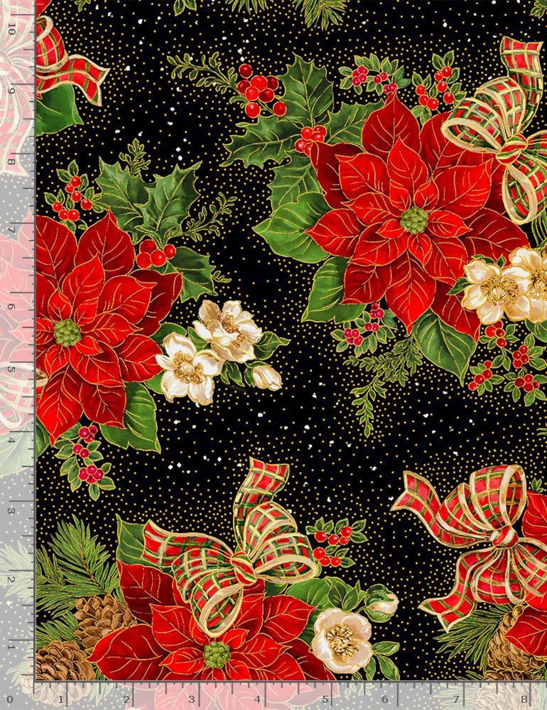 Christmas Joy Fabric Gold Poinsettia Bouquet Black Timeless Treasures YARD - Etsy