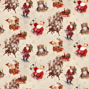 Christmas Fabric | Old Saint Nick Santa Claus Sleigh Beige | Henry Glass YARD