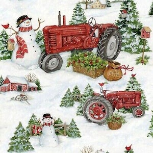 Christmas Fabric | Springs Susan Winget Farm Tractor Snowman White | Yard