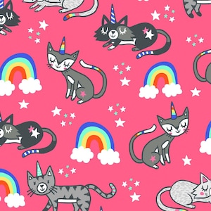 Animal Fabric | Unicorn Cats & Rainbow Allover Pink | Timeless Treasures YARD