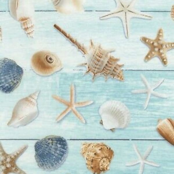 Nautical Fabric - Seashells Starfish Blue Wood Texture - Timeless Treasures YARD