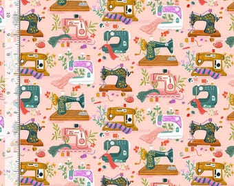 Sewing Theme Fabric | Machine & Flower Toss Pink | Timeless Treasures YARD