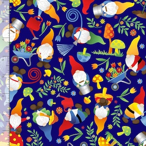 Gnome Fabric | Tossed Woodland Gnome Blue | Timeless Treasures YARD