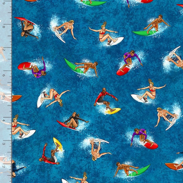 Summer Sports Fabric | Surfer Surfing on Dark Blue | Timeless Treasures YARD