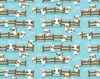 Harmony Farm Fabric - Nursery Baby Sheep Fence Blue - Riley Blake YARD