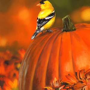 35&quot; Fabric Panel | David Textiles Digital Fall Goldfinch & Pumpkin Scene