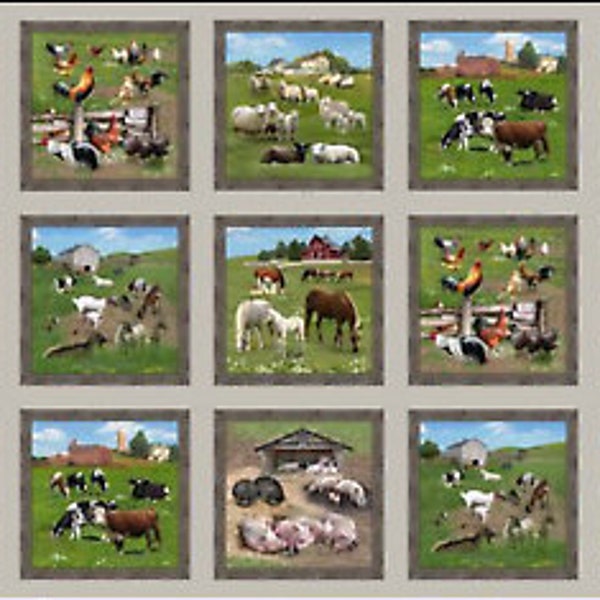 23" Fabric Panel - Elizabeth's Studio Farm Animals Sheep Pig Cow Blocks Sepia