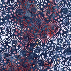 May include: A fabric with a repeating pattern of stylized, spiral-shaped flowers in white and red against a dark blue background. Small star shapes are scattered throughout the design, creating a textured, all-over print.
