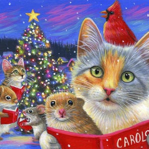 35&quot; Fabric Panel | David Textiles Digital Christmas Carolers Cat Bird Mouse