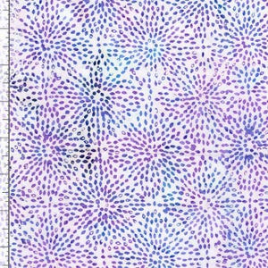 May include: White fabric with a repeating pattern of stylized floral bursts in shades of purple and blue. Each burst is composed of small, teardrop-shaped elements radiating outwards. The design has a watercolor effect.