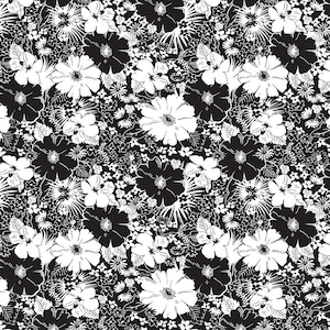 108&quot; Wide Back Fabric | Black Tie II Black White Floral Flower | Blank YARD