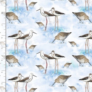 Animal Fabric | Nautical Ocean Blue Sand Piper Bird | Timeless Treasures YARD