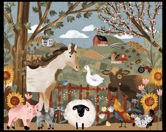 35" Fabric Panel | Blank Farm Country Animal Barn Farm Scene
