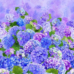 23" Fabric Panel | Timeless Treasures Hydrangea Bliss Flower Scene Purple
