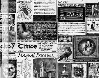 Halloween Fabric | Wicked Times Newspaper Black White | Timeless Treasures YARD