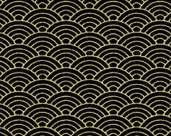 May include: A repeating pattern of gold glitter concentric semi-circles arranged in overlapping rows against a solid black background. The design features a consistent geometric wave-like motif with a textured, sparkling finish.