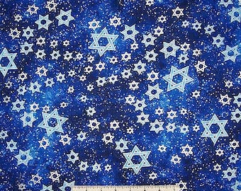 Hanukkah Fabric - Metallic Star of David on Dark Blue - Benartex Kanvas YARD