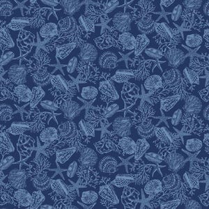 Nautical Fabric | Cobalt Seas Seashell Starfish Blue | Henry Glass YARD