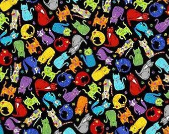 Animal Fabric | Timeless Treasures Digital Rainbow Cat Toss Black | Yard