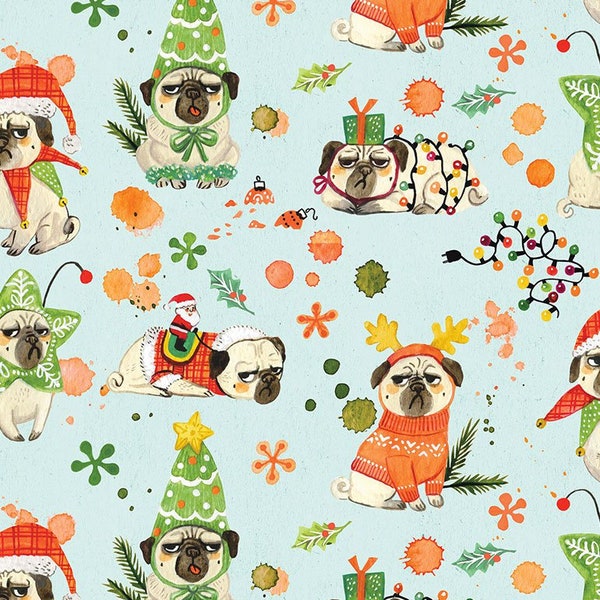 Christmas Fabric | Dear Stella Bah Hum-Pug Tossed Dog Blue YARD