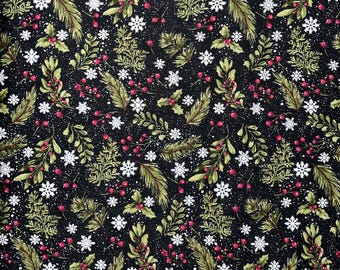 Fabric Traditions | Christmas Snowflake Berry Pine Bough Black With Glitter YARD