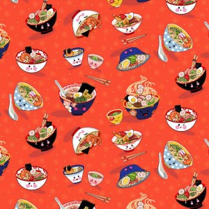 Food Fabric | Snacks Happy Noodles Ramen Bowls Orange | Freckle + Lollie YARD