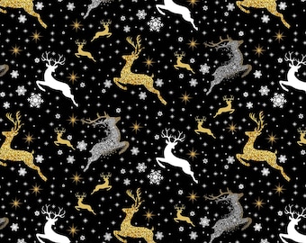 Christmas Fabric | Jingle & Mingle Metallic Reindeer Toss Black | Blank YARD