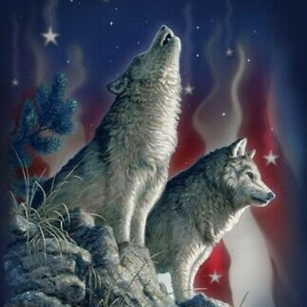 35" Digital Fabric Panel - David Textiles Night Song Wolf Aurora Borealis