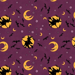 Halloween Fabric | No Tricks Just Treats Witch Moon Purple | Henry Glass YARD