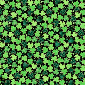 May include: A repeating pattern of green shamrocks on a black background. The shamrocks vary in shades of green and include solid, dotted, and plaid designs. The overall effect is a festive and decorative design.