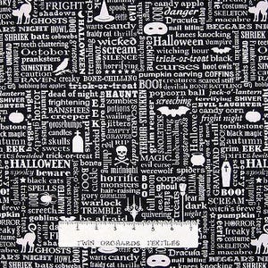 Halloween Fabric - Beggar&#39;s Bounty Black & White Word Patch - RJR Cotton YARD