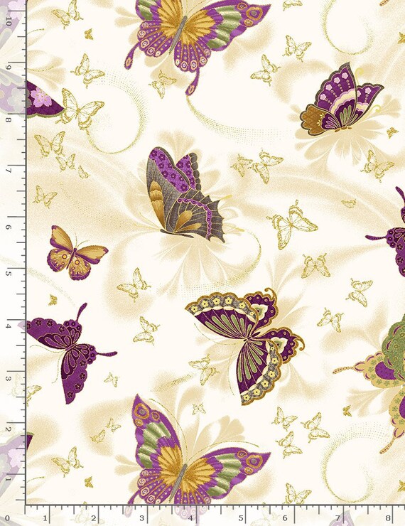 Fleur Fabric Majestic Gold Purple Butterfly on Cream | Etsy