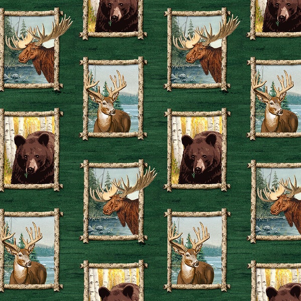 Animal Fabric | Along the Valley Bear Deer Moose Portrait Green | Studio E YARD