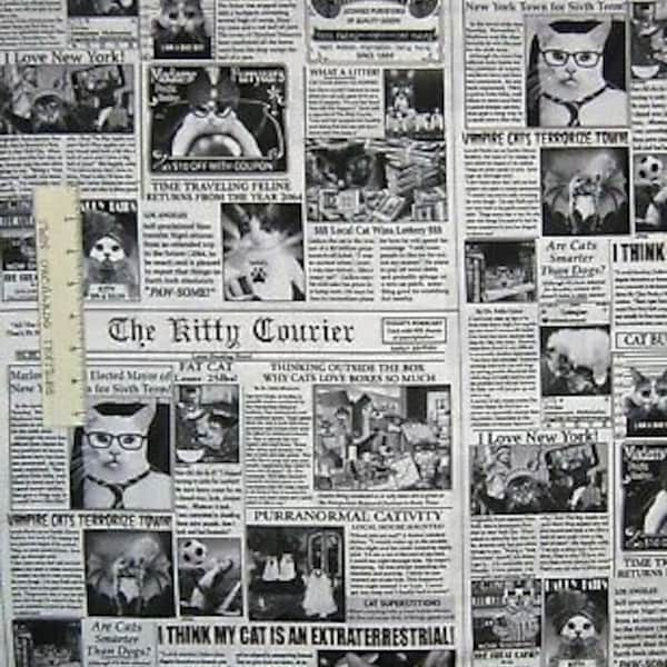 Pet Fabric - Black & White Cat Newspaper Funny Puns - Timeless Treasures YARD