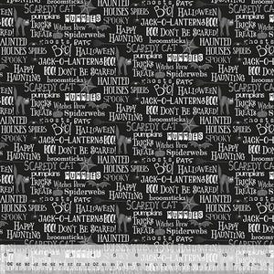Halloween Fabric | Scaredy Cats Purr-Fect Word Collage Black | Windham YARD
