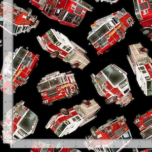 Fireman Fabric | Fire Rescue Tossed Truck Black Red | Timeless Treasures YARD