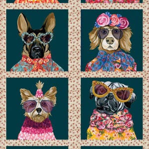 May include: A fabric panel featuring eight illustrated dogs, each wearing sunglasses and stylish outfits. The dogs are set against a dark teal background, framed by a floral patterned border. The dogs' attire includes floral shirts, sweaters, and hats.